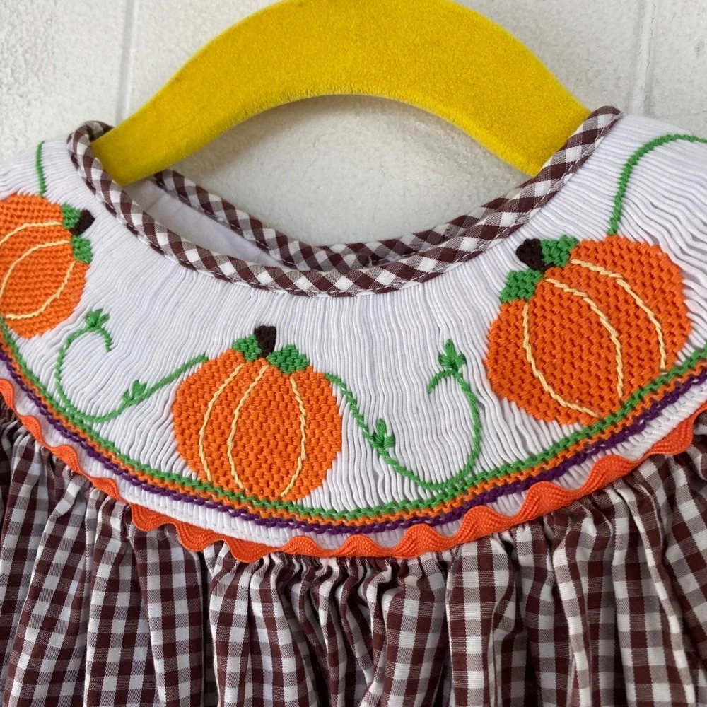 Marmellata Girls sz 3T Brown Gingham Smocked Pumpkin Thanksgiving Dress